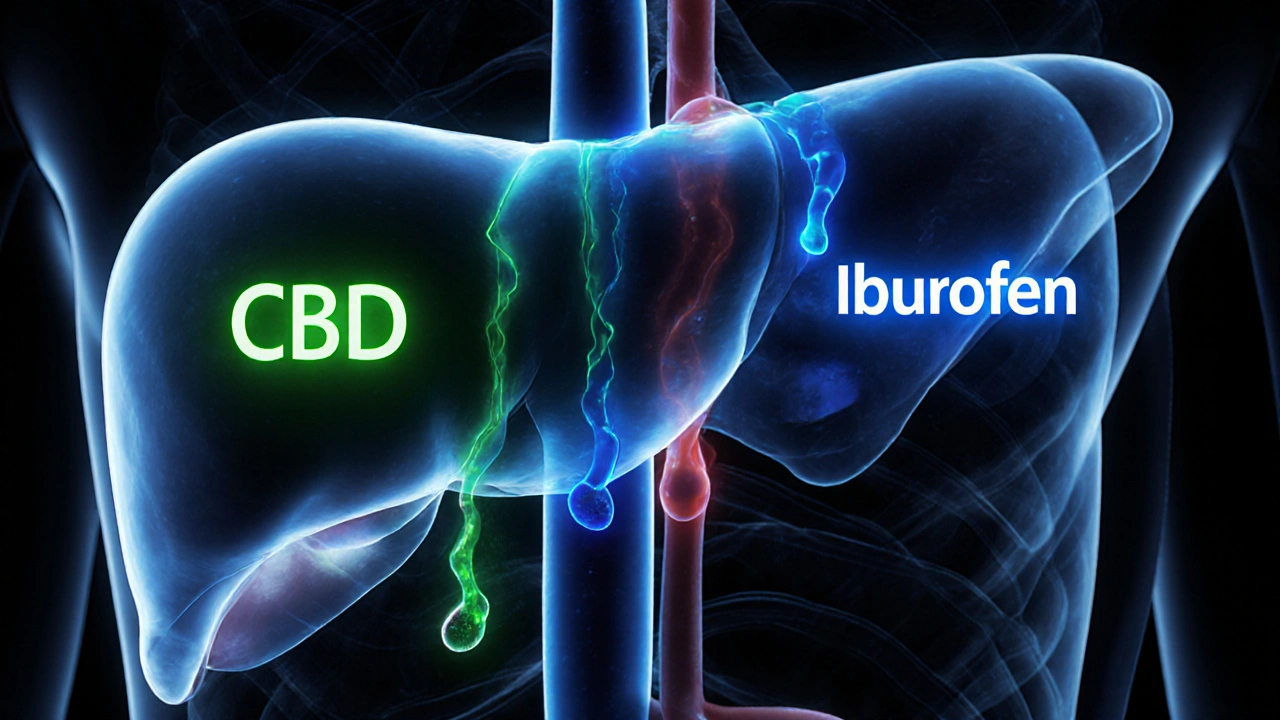 Abstraktní ilustrace játra s interakcí CBD a ibuprofenu v enzymových cestách.