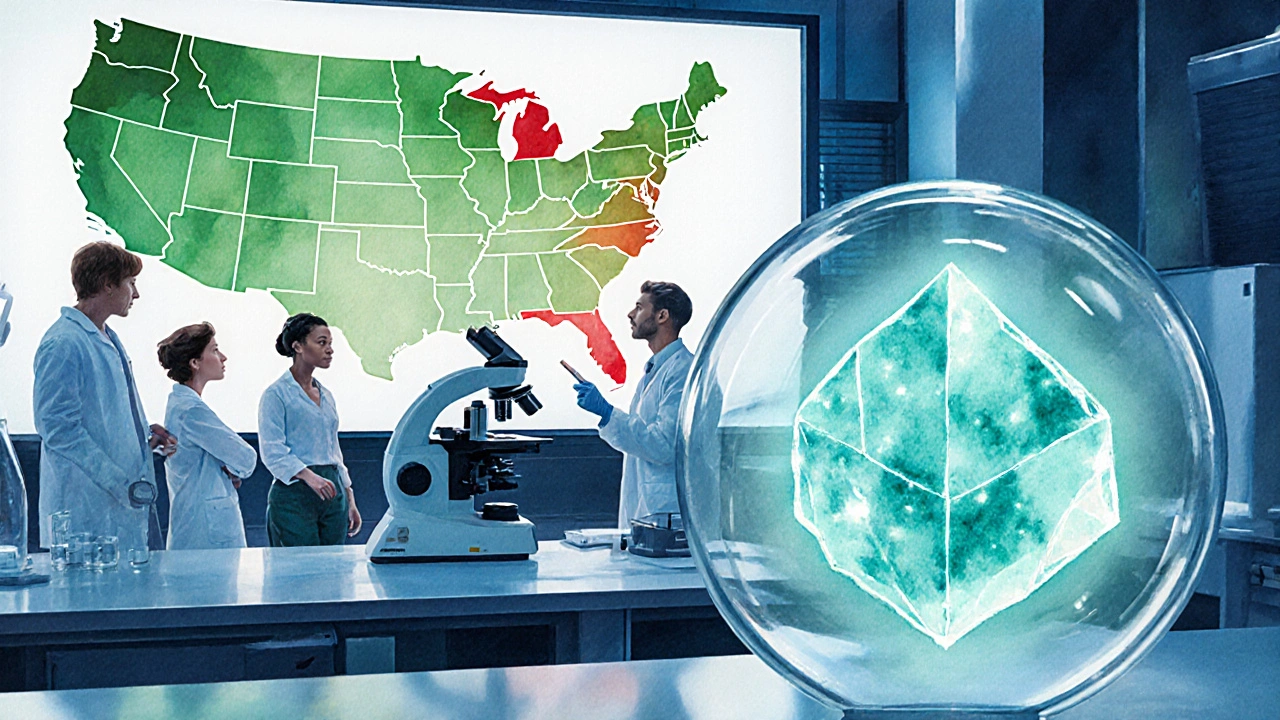 Akvarelová laboratoř, vědci u CBG krystalu a mapa USA.