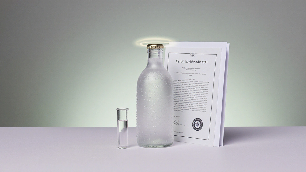 Detailní snímek skleněné láhve s CBD nápojem, kapky rosy, vedle laboratorní zkumavky a certifikátu.