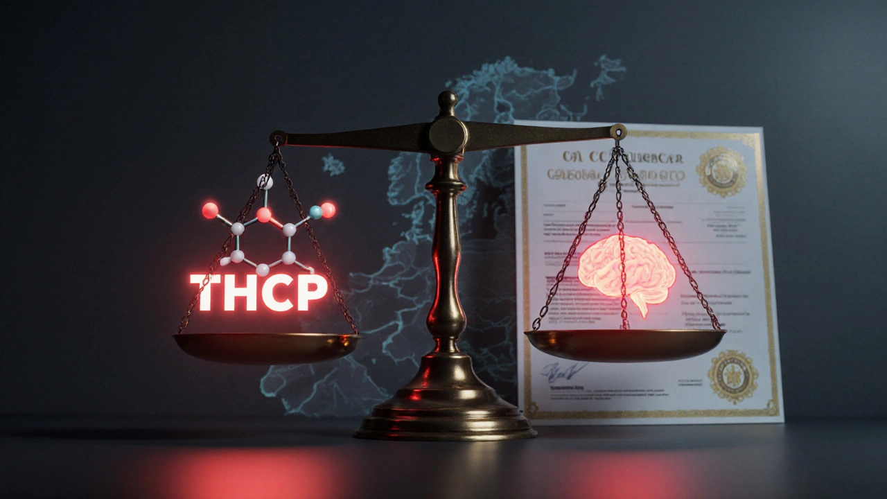 Digitální koncept váhy spravedlnosti s THCP a právními dokumenty.