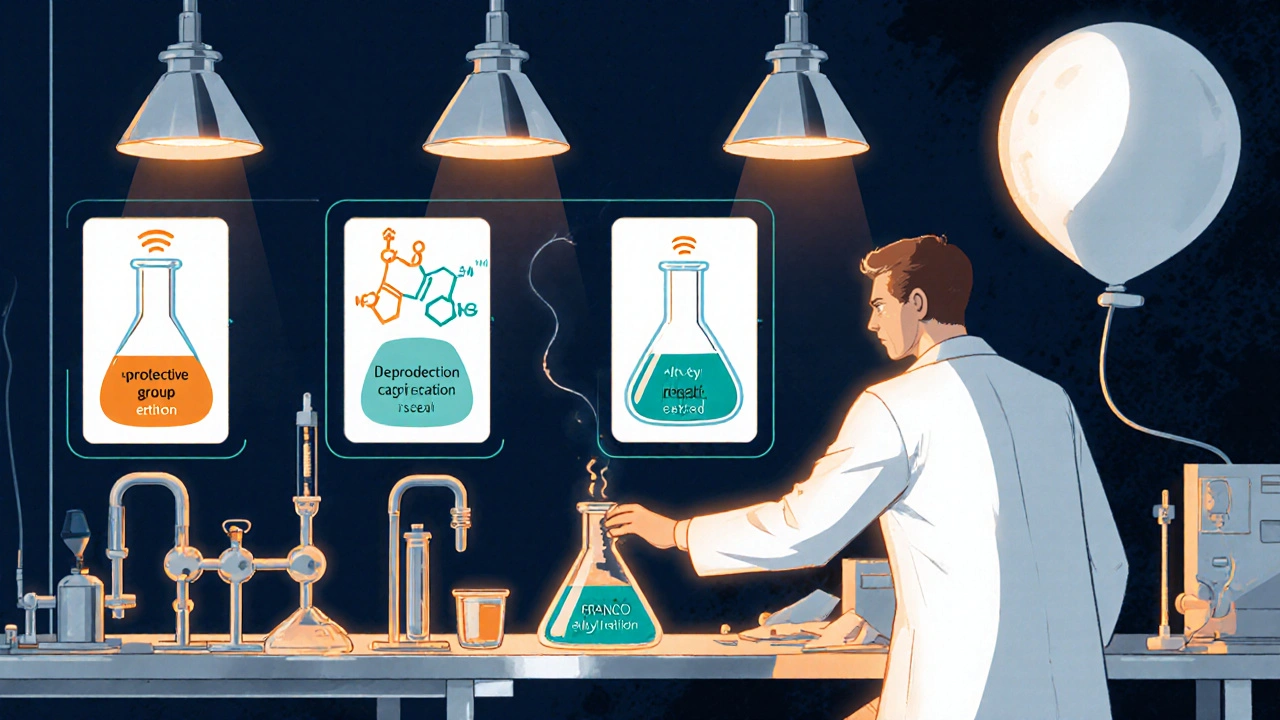 Ilustrace chemika v laboratoři při syntéze THCP.