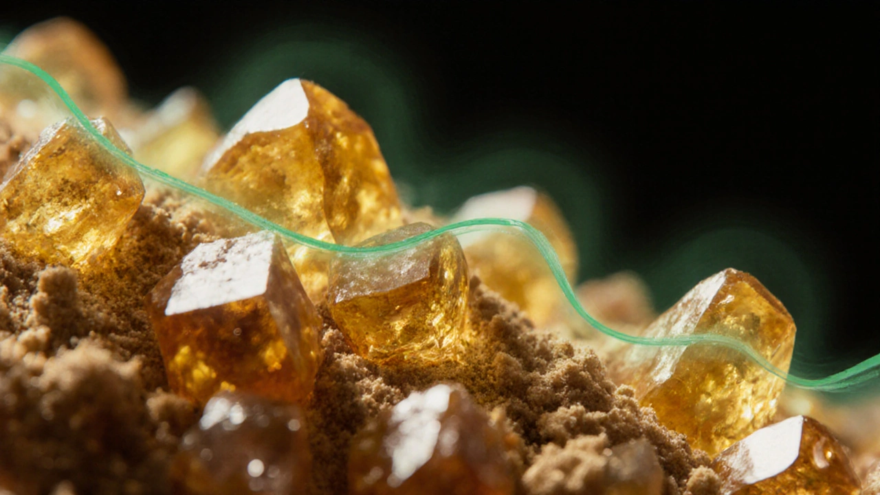 Makro záběr na krystalický CBD crumble s jemnou září, symbolizující úlevu.