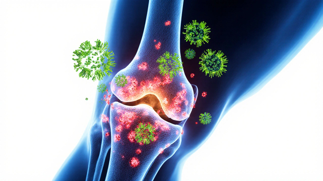 Molekulární znázornění CBG blokujícího zánětlivé látky v kloubu.