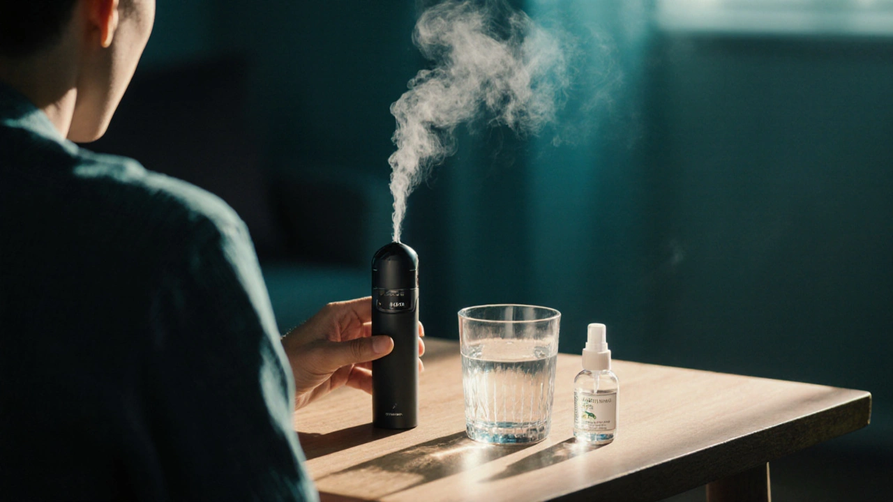 Osoba používá vaporizer v útulném interiéru, s vodou a sprejem na ústní suchost.