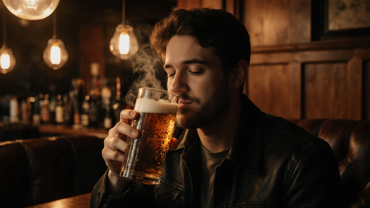 Osoba v útulném prostoru pijíca cannabis beer, uvolněná.