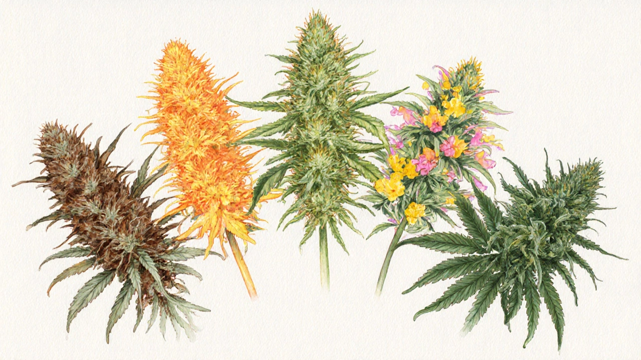 Pět různých sativa rostlin v botanickém stylu, každá s unikátním vzhledem.