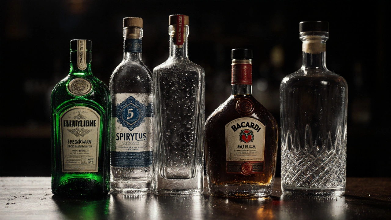 Řada lahví silných lihovin: absint, Everclear, Spirytus, Bacardi 151 a vodka.
