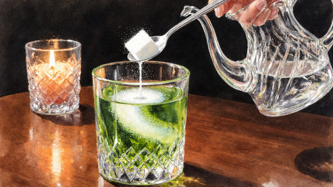 Rituál s absintem: sklenice, lžička s cukrem a vodou vytvářejí mléčnou spirálu.