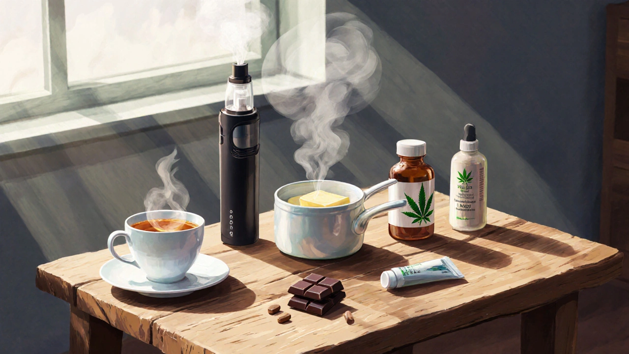 Rozložení různých způsobů konzumace kanabisu – vaporizér, čaj, máslo, čokoláda, kapsle a krém.