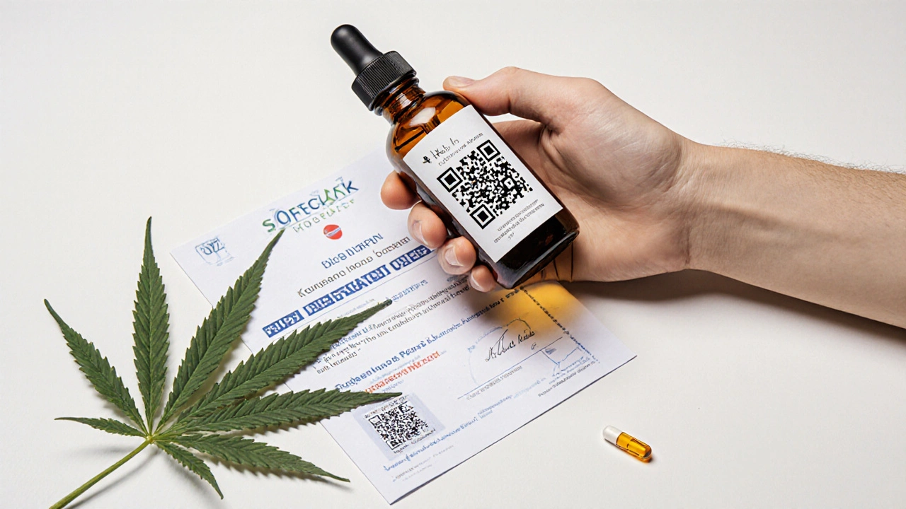 Ruka drží CBD lahvičku s QR kódem a certifikátem