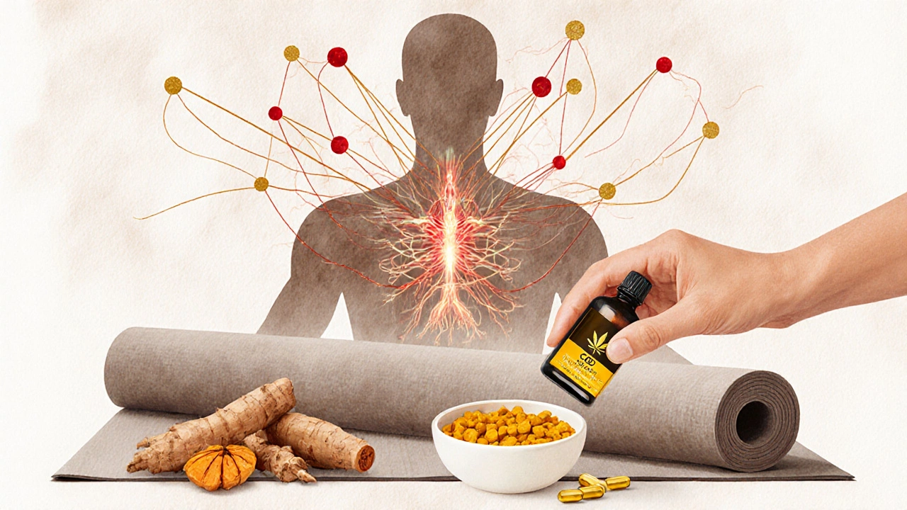 Ruka drží CBD olej vedle kurkumy a omega-3 doplňků s abstraktními vlnami zánětu.