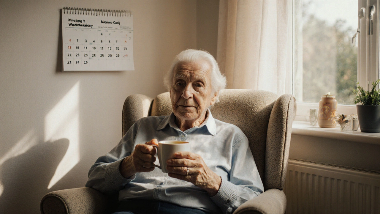 Starší osoba s kalendářem střídajícím užívání CBD a ibuprofenu v klidném domácím prostředí.