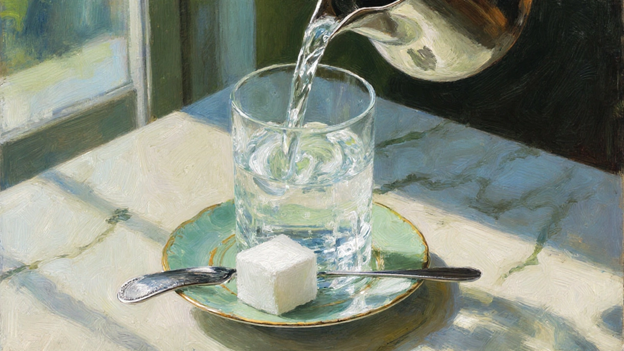 Tradiční rituál absintu s cukrovou kostkou, lžičkou a louche efektem.