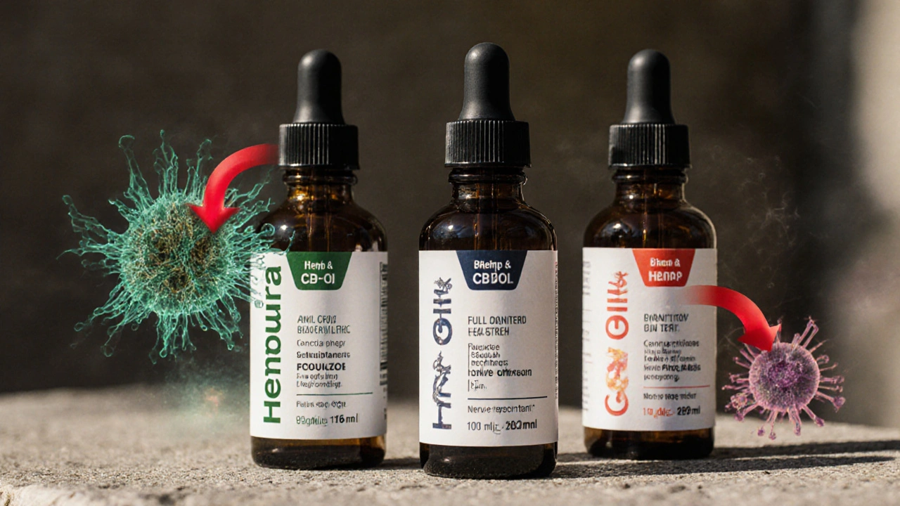 Tři láhve CBD oleje s jasnými štítky na kamenité ploše pod přirozeným světlem.