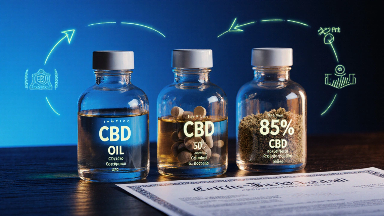 Tři nádoby s různými formami CBD s označením koncentrace a rychlosti účinku