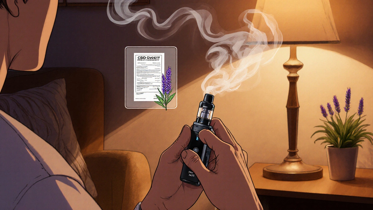 Uživatel v teplém interiéru drží vape na 170 °C, obklopený čistým párem a certifikátem.