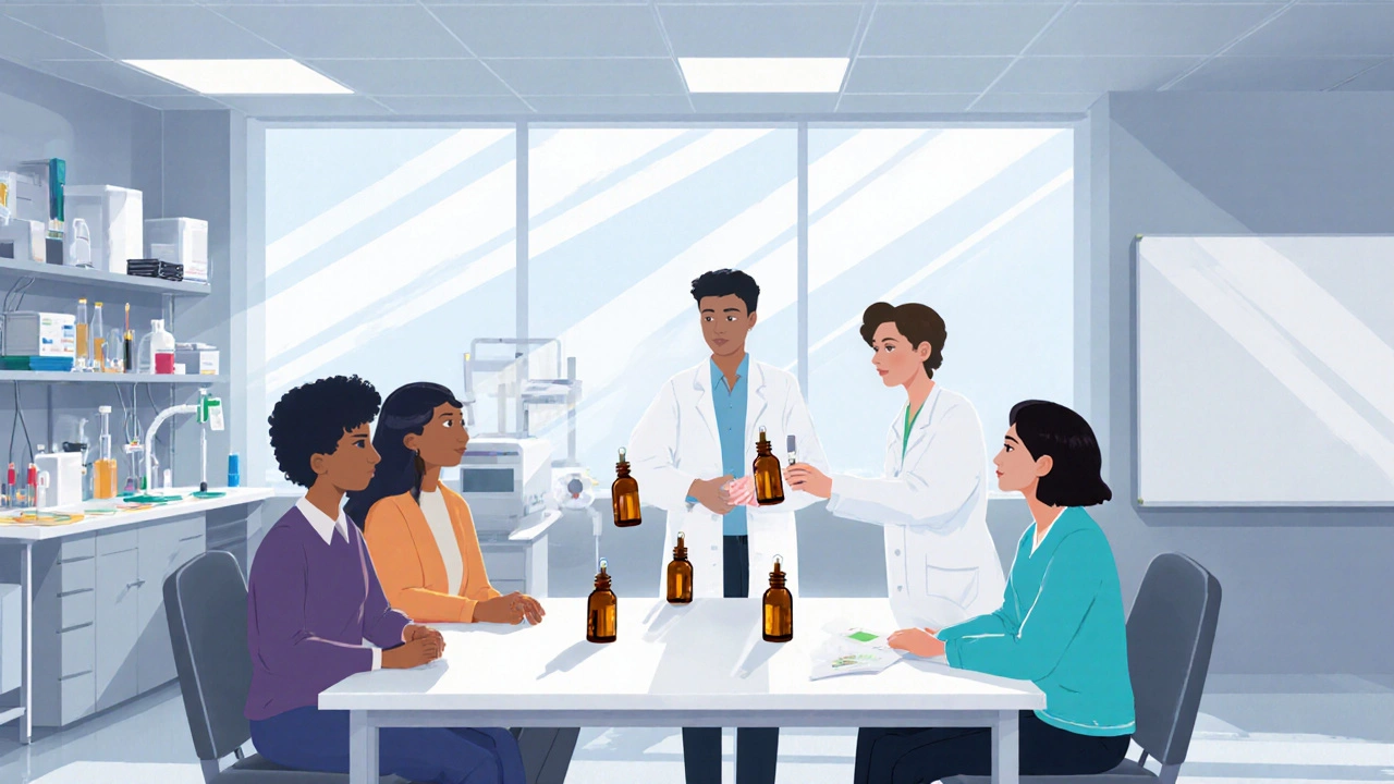 Výzkumník podává účastníkům studie kapky CBD v čistém laboratorním prostředí.