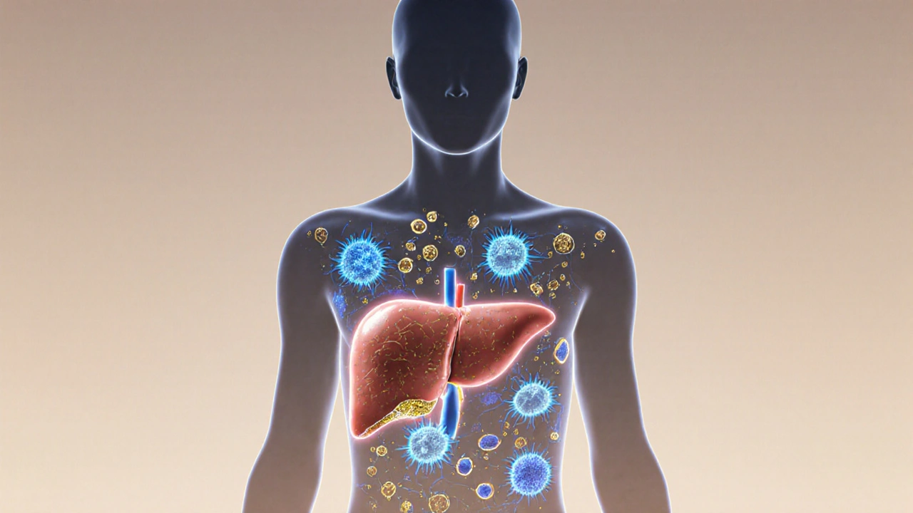 Abstraktní ilustrace těla s mastnými kyselinami a játry čistícími estrogen