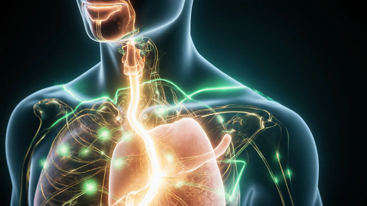Abstraktní vnitřní cesta THCV v těle, symbolizující regulaci hladu a cukru.