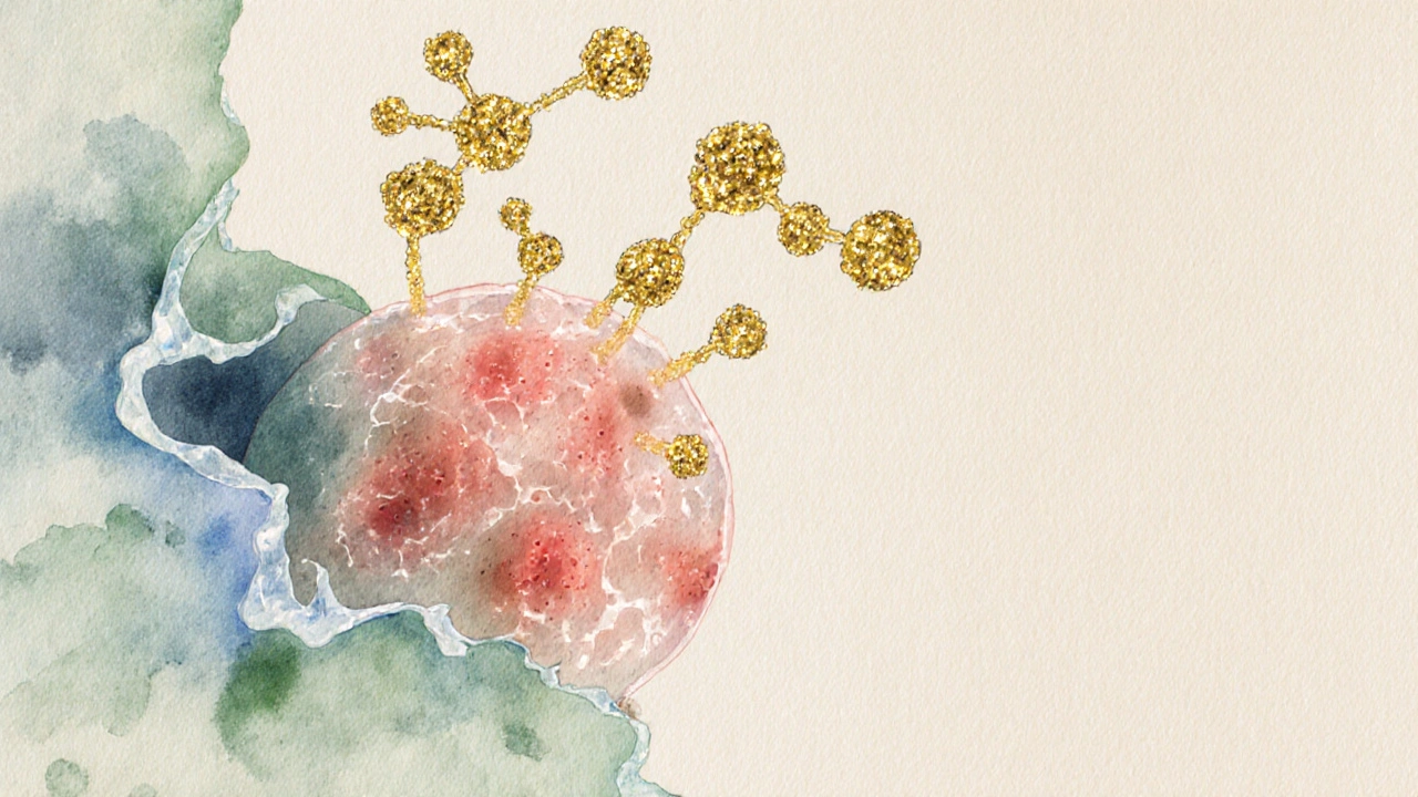 Abstraktní znázornění CBD molekul uklidňujících zánět kůže.