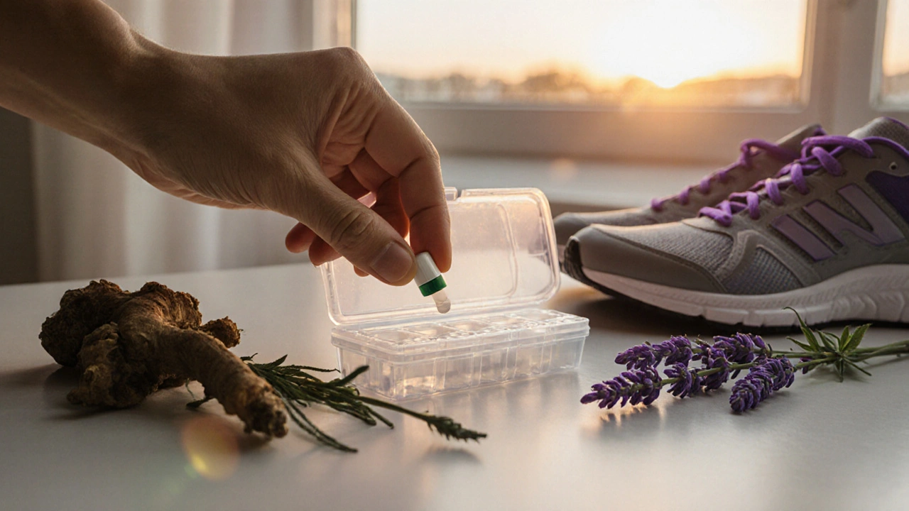 CBD kapsle, byliny a běžecké boty na stole při východě slunce.