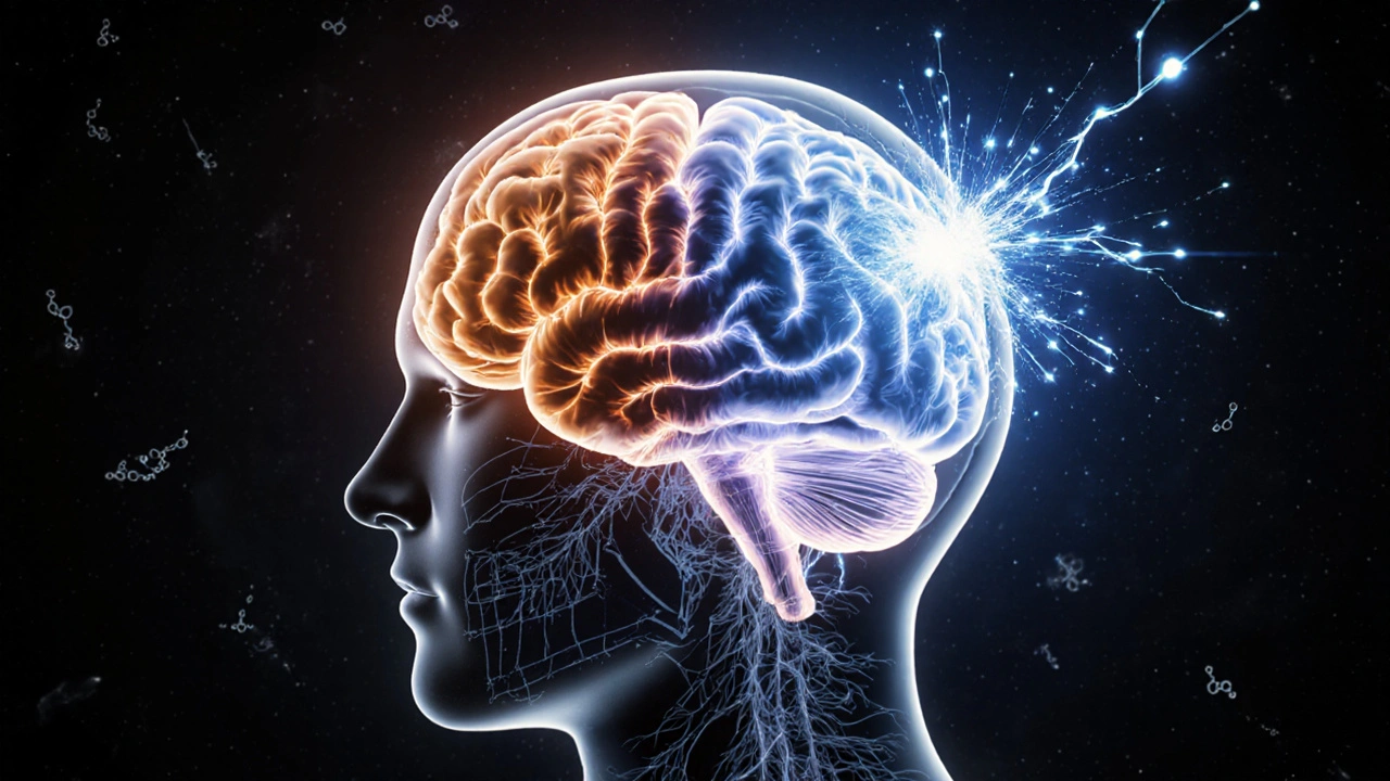 Člověčí mozek s rozdílně aktivovanými neuronovými cestami pro Delta 9 a THCP.