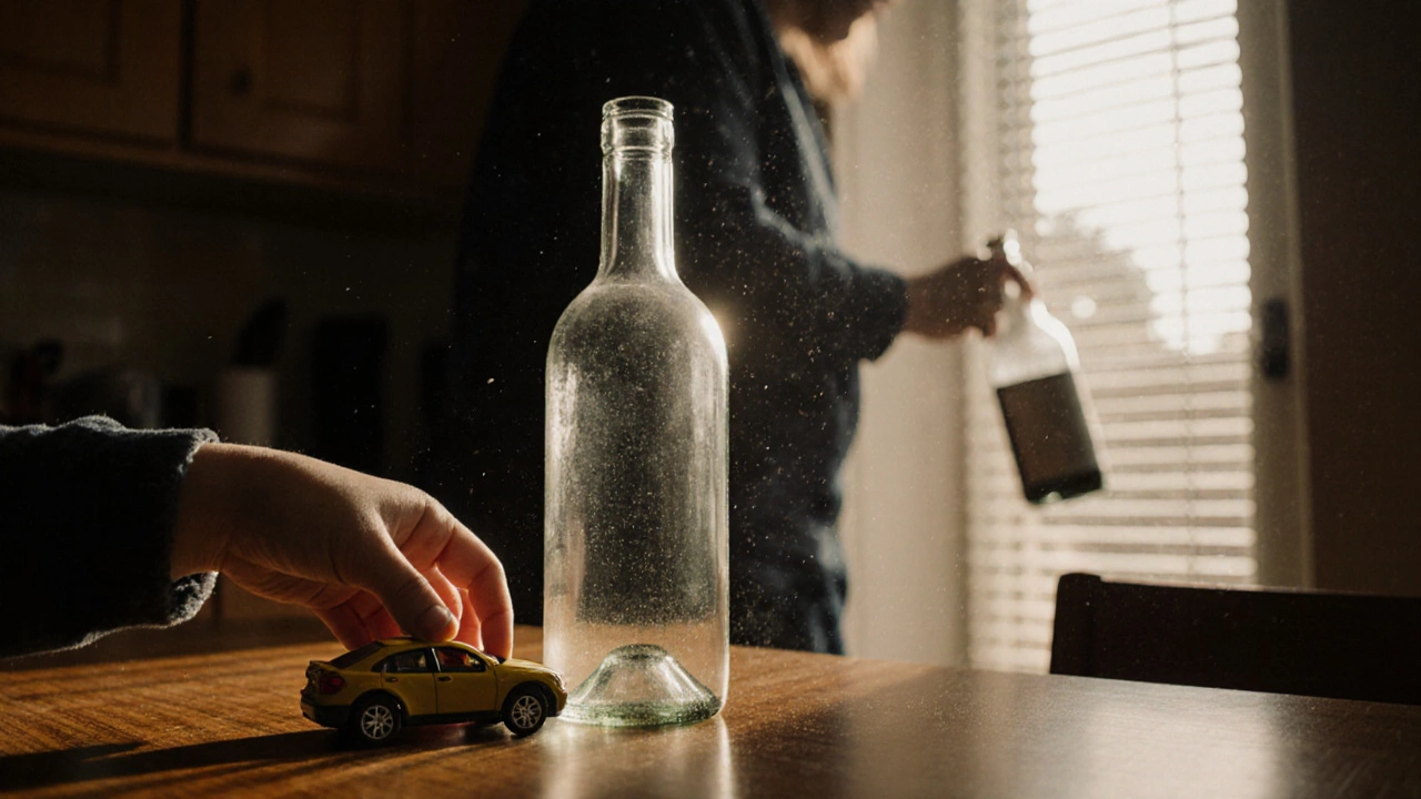 Dítě hraje s autíčkem vedle prázdné láhve konopního vína, ve dveřích stín dospělého.
