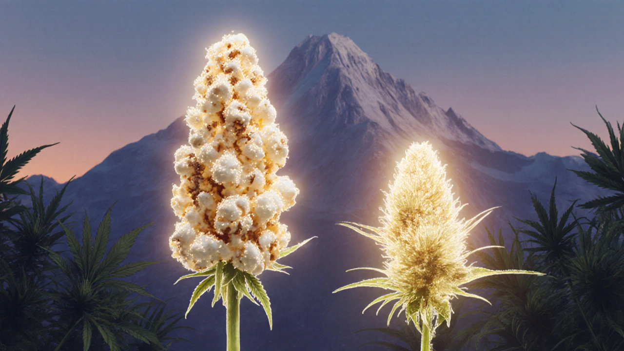 Dvě abstraktní formy konopí: jedna hustá a vysoká, druhá menší a rozdrobená, symbolizující různé účinky.