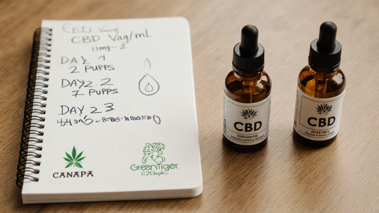 Dvě CBD kapaliny různé koncentrace s poznámkami o dávkování na stole.