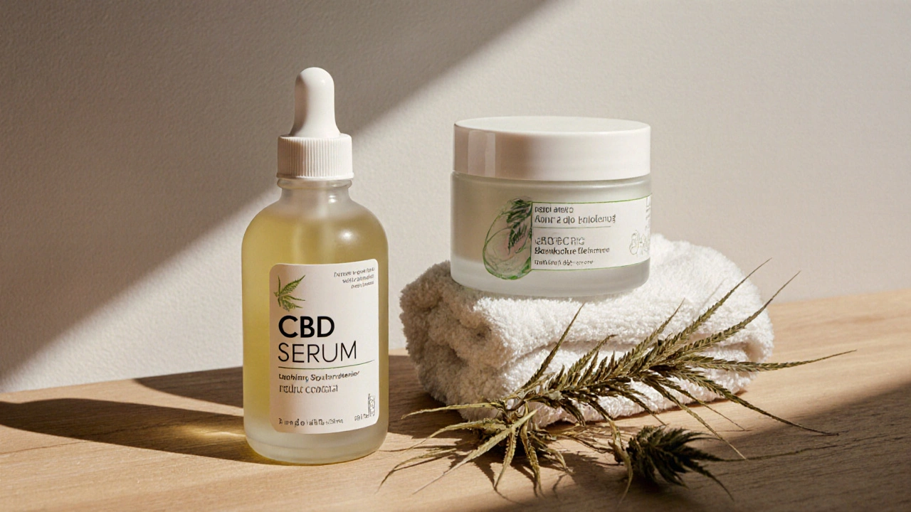 Dvě CBD kosmetické láhve s přírodními prvky na dřevěném povrchu.