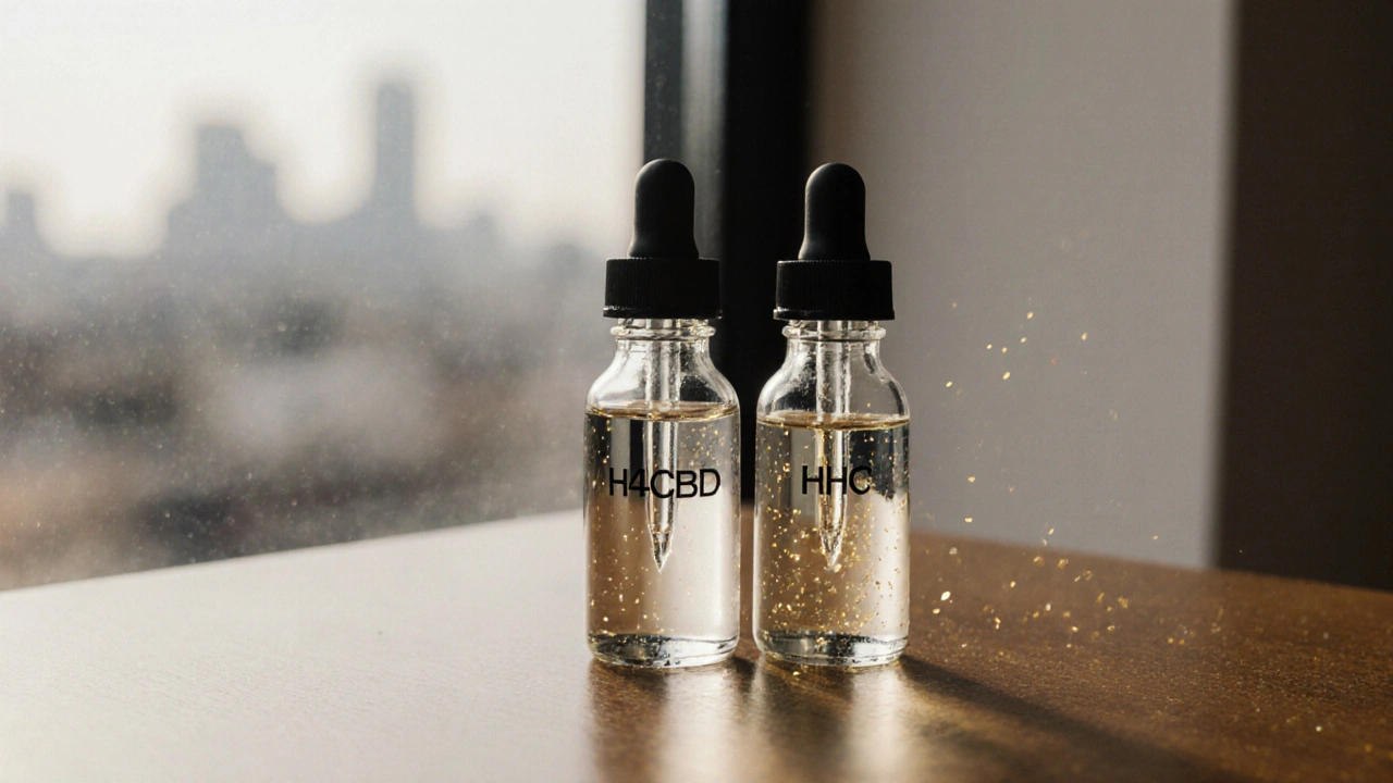 Dvě kapky H4CBD a HHC na dřevěné desce s jemnými zlatými jiskrami.