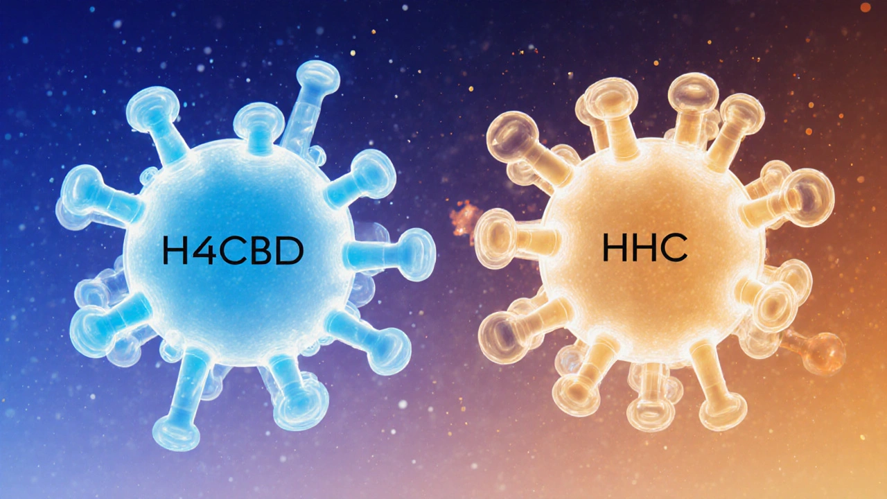 Dvě molekulární struktury: H4CBD v modrých vlnách a HHC v zlatých pulzech.