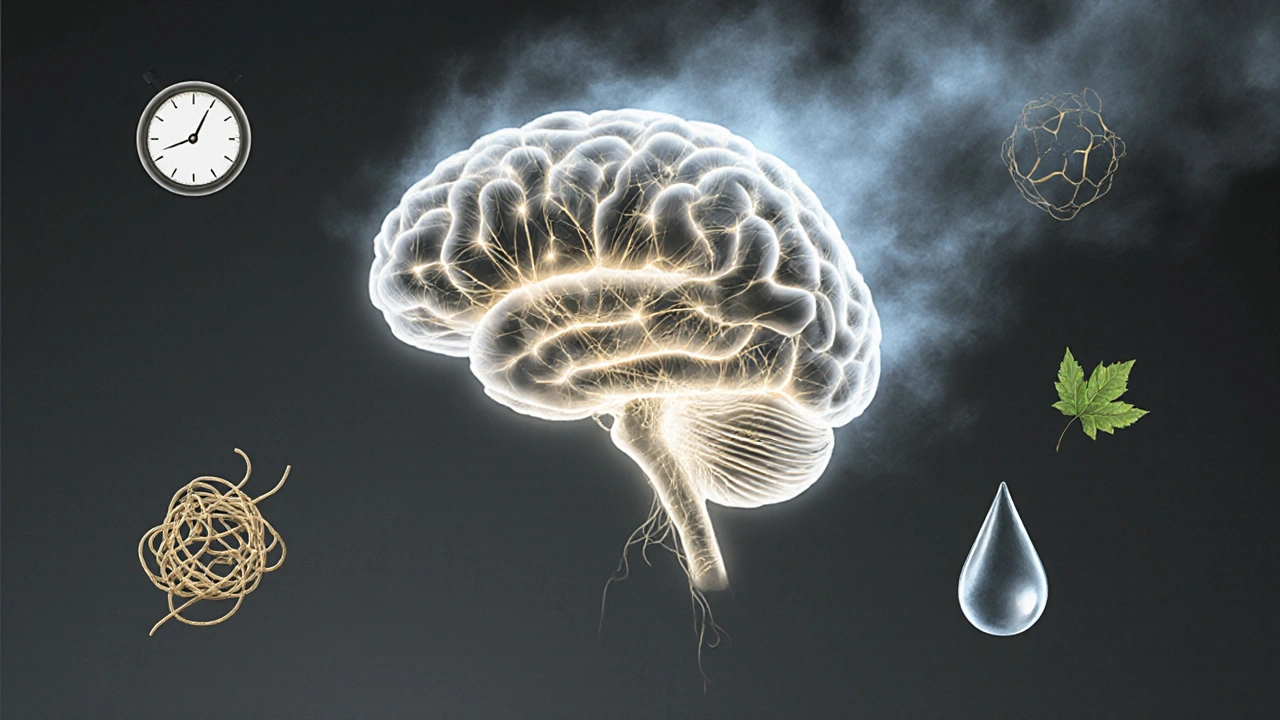 Ilustrace mozku, kde se mlha rozptyluje a neuronové spojení září zlatou světlostí.