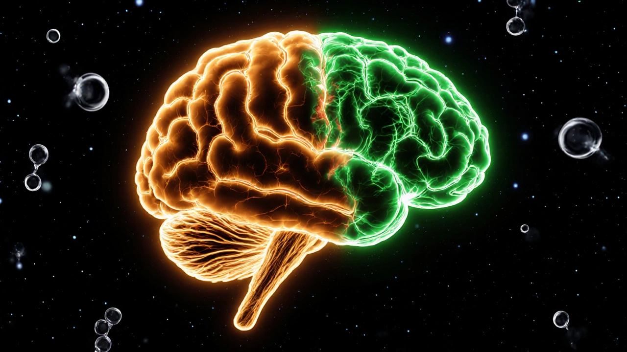 Ilustrace mozku s křížením alkoholu a THC v neuronových cestách.