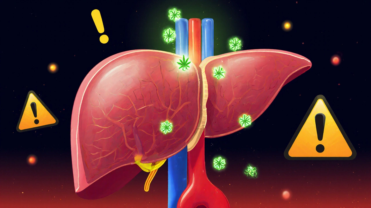 Jaterní buňka s CBD molekulami a varovnými symboly, symbolizující zátěž jater.