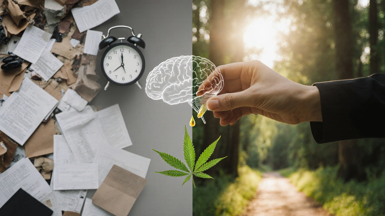 Kapka CBD oleje na listu s grafickým překryvem čistého mozku.