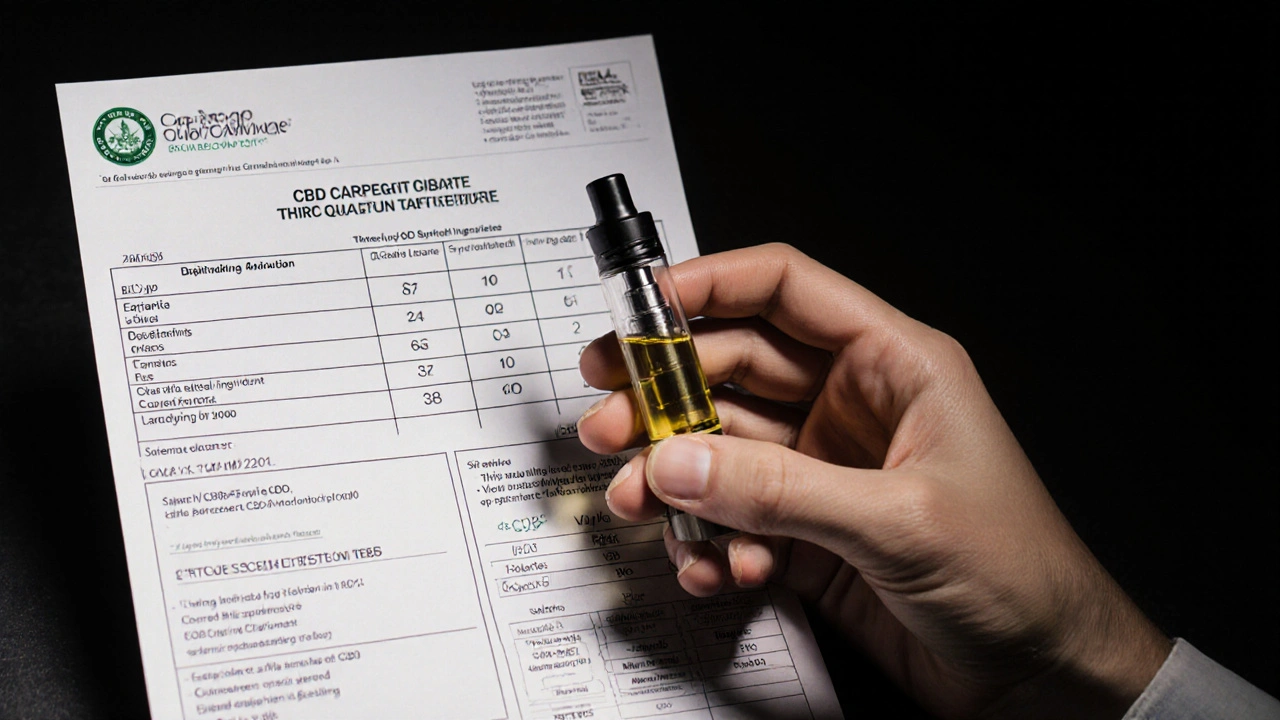 Kvalitní CBD kartridž vedle laboratorního výsledku oproti levnému produktu.