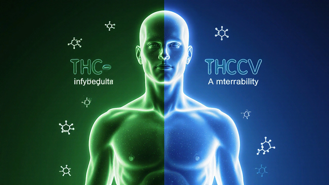 Lidský silueta s klidnou zelenou a energickou modrou stranou symbolizující účinky THCa a THCV.