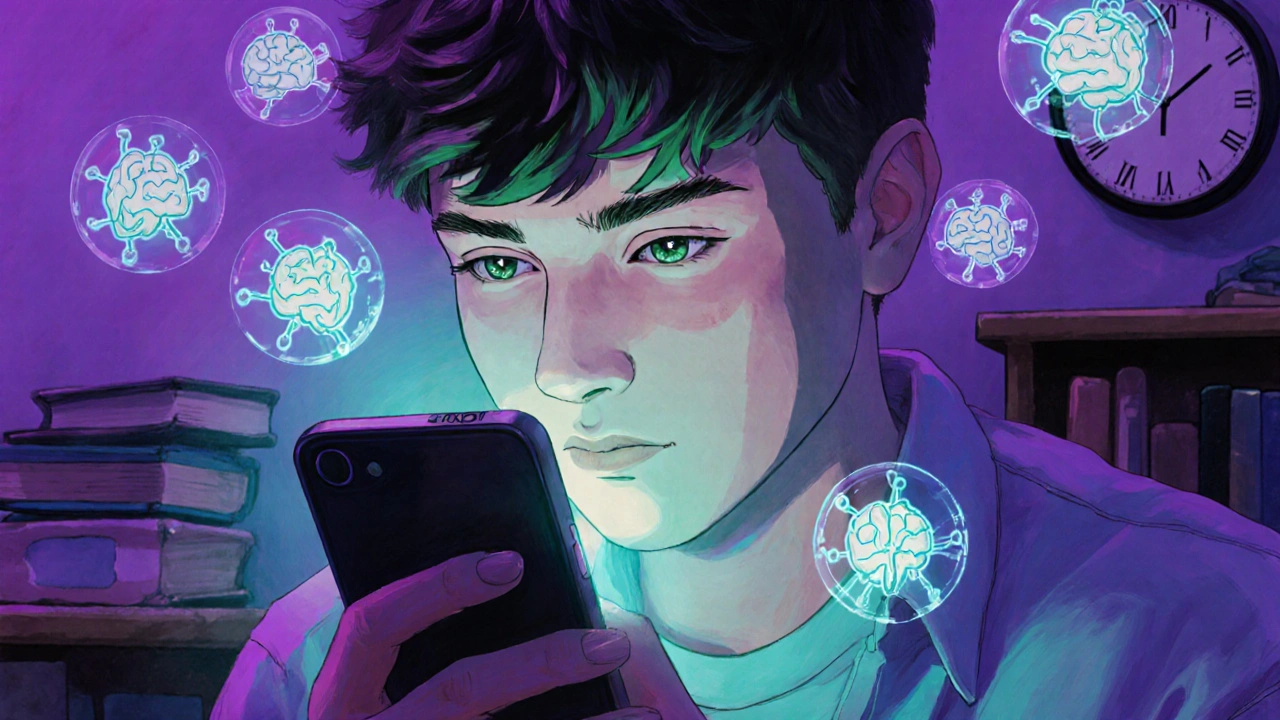 Mladistvý chlapec hledí do obrazovky telefonu, kolem něj se rozpadají synapse mozku.