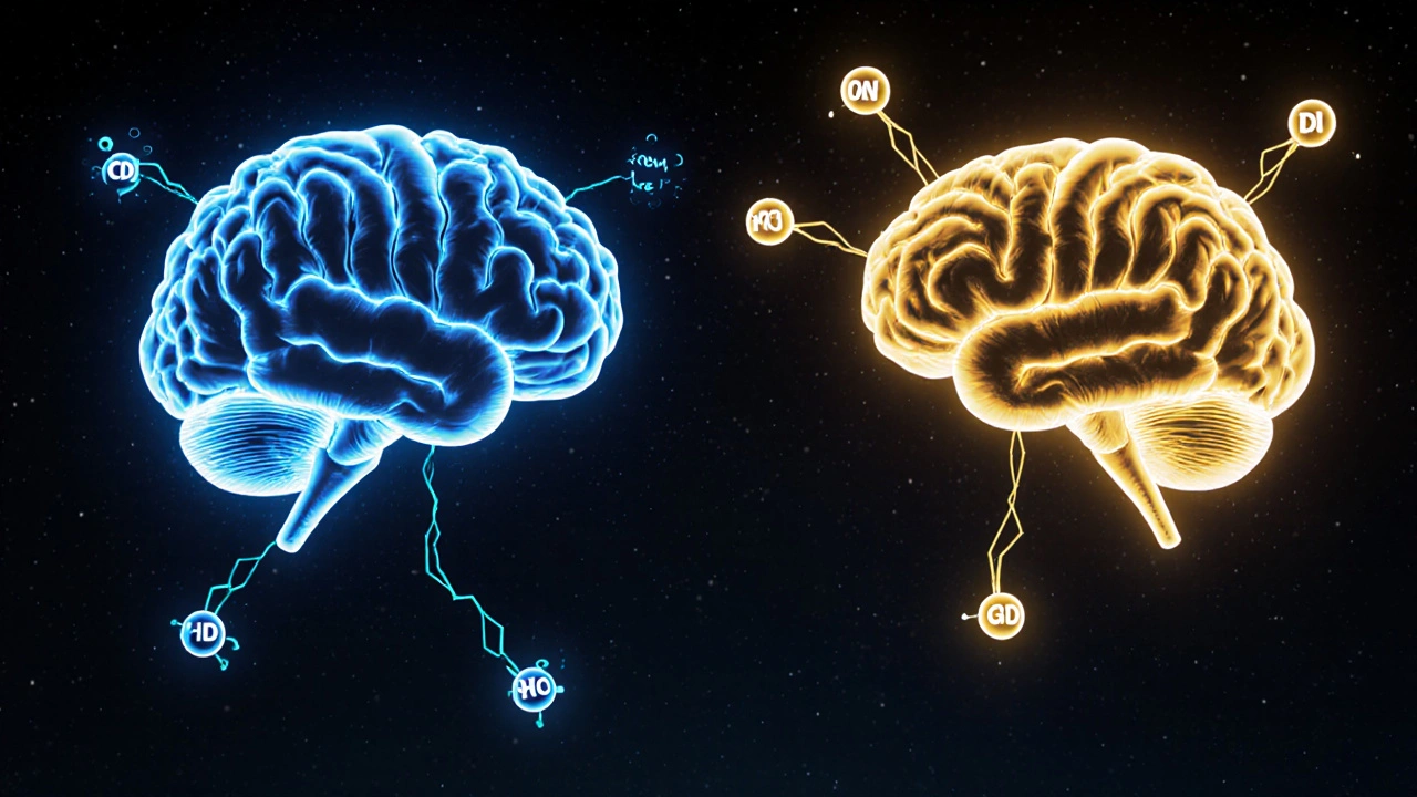 Molekulární struktura CBD a HHC spojená s mozkem v klidném a lehce euforickém stavu.