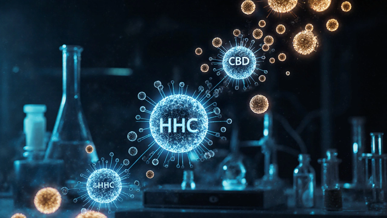 Molekulární struktura HHC přeměňující se z CBD, svítící částice v laboratorním prostředí.