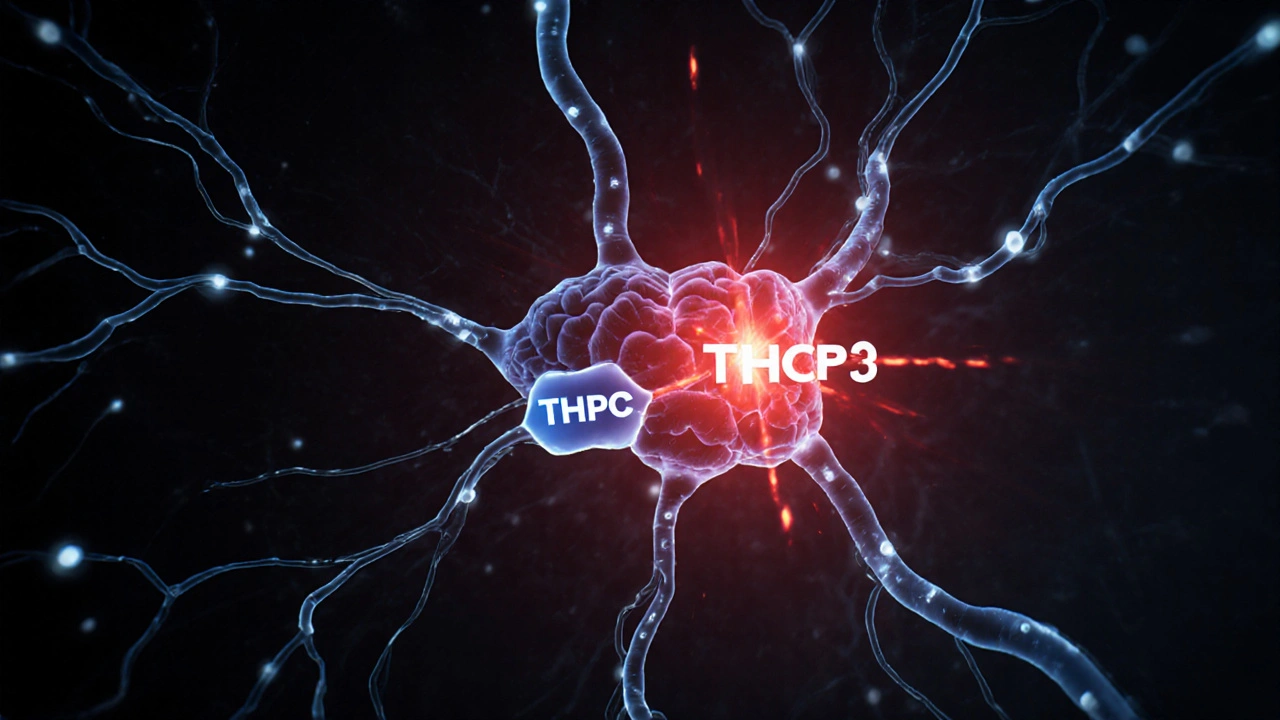 Molekulární struktura THCP s dlouhým řetězcem vázajícího se na receptor v mozku, s jasnějším spojením než THC.