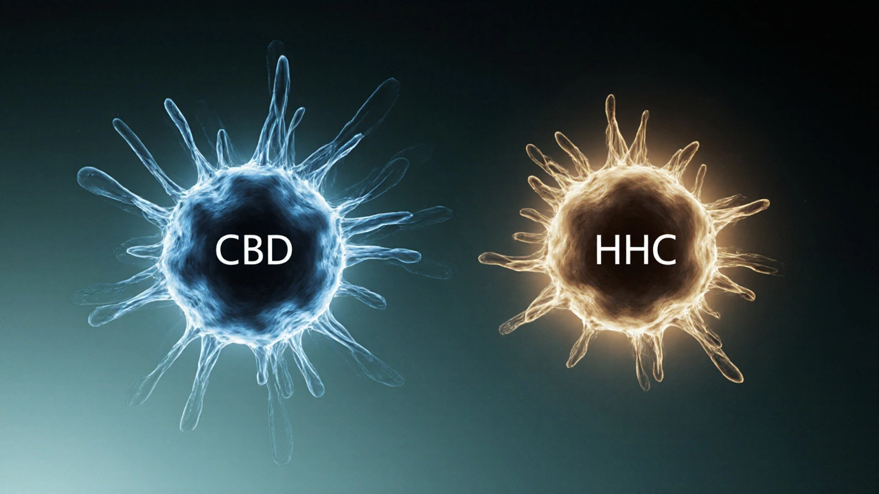 Molekulární struktury CBD a HHC v abstraktním prostředí s jemným zářením.