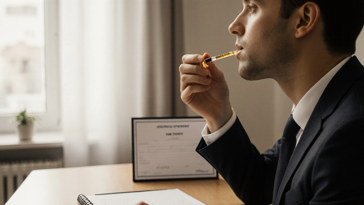 Muž v kanceláři přijímá jednu kapku H4CBD distillátu pod jazyk