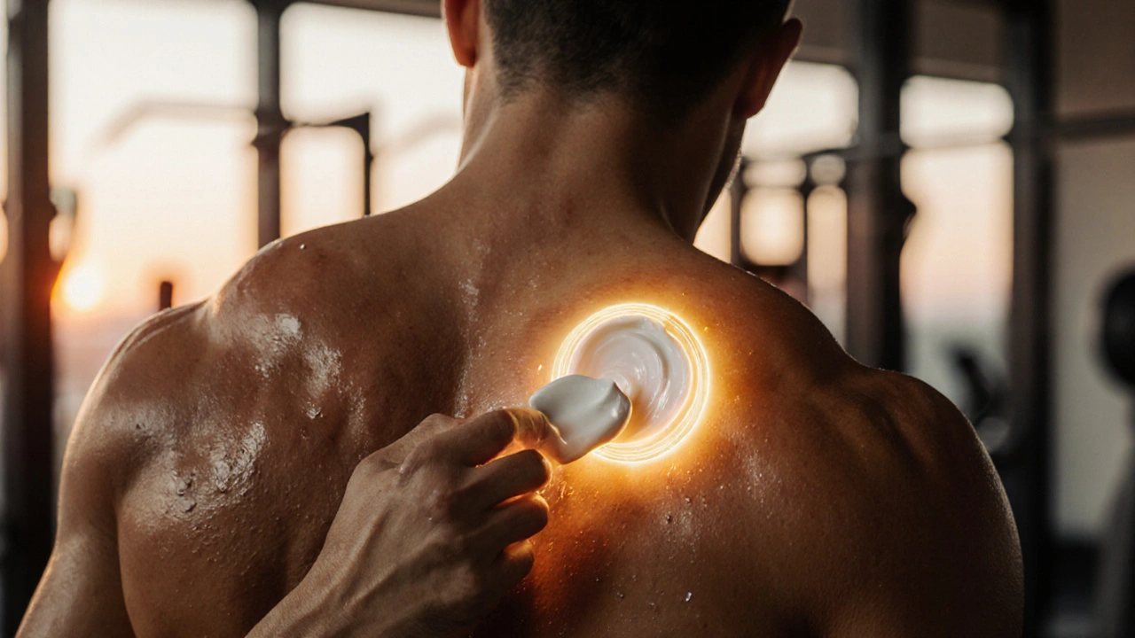 Osoba aplikuje CBD krém po tréninku, s viditelným uvolněním svalů.