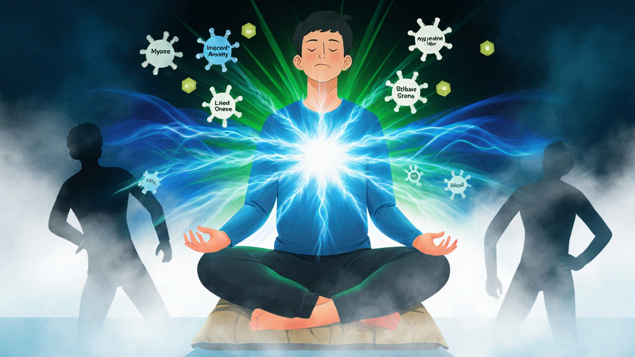 Osoba dýchá klidně, energie se šíří z hrudníku, úzkost se rozptýlí.