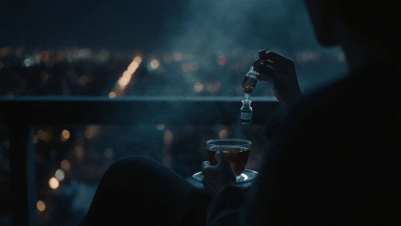 Osoba na balkoně večer s výrobkem HHC, měkké světlo města za ní.