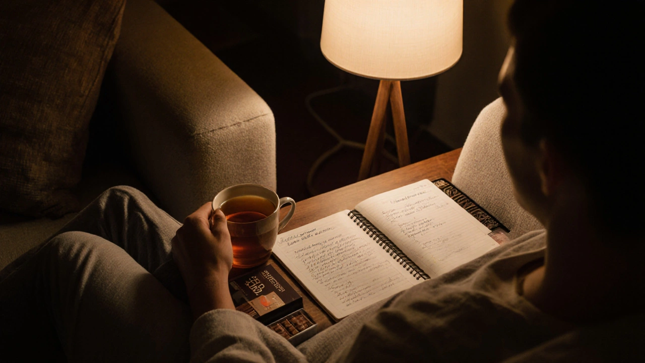 Osoba si zapisuje účinky CBD čokolády večer na sofě s šálkem čaje.