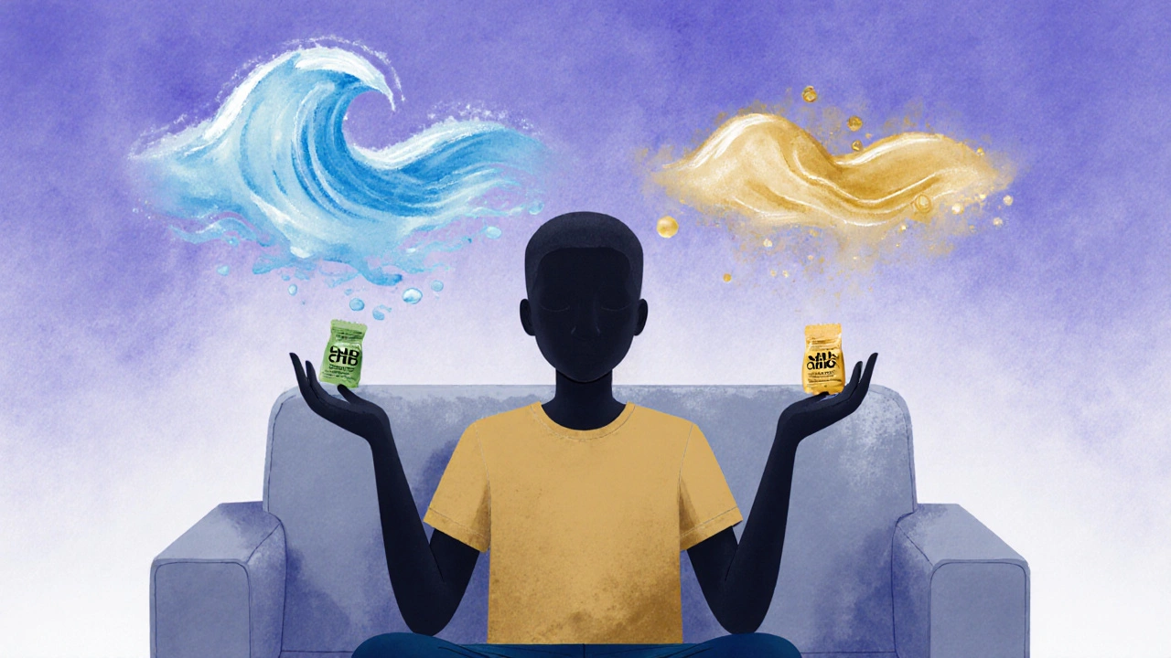 Postava drží dvě gumičky, nad ní jsou abstraktní vlny klidu a lehké euforie.