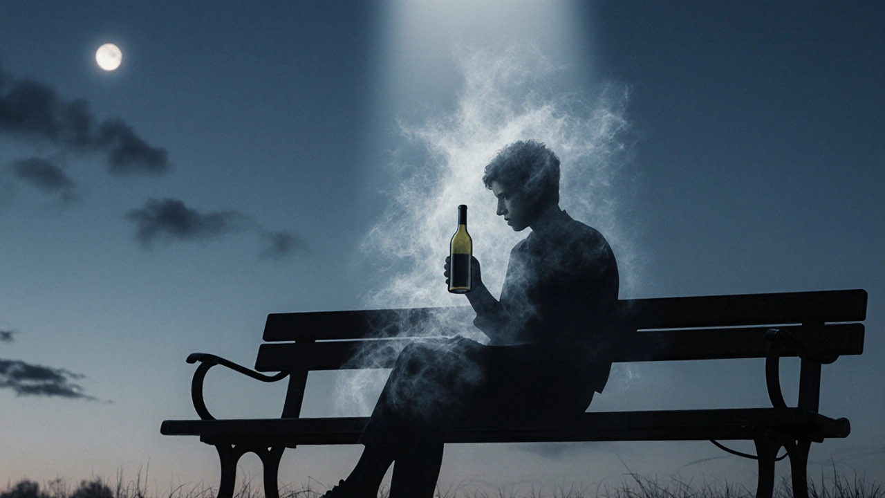Postava na lavičce drží láhev vína, kolem ní se vznášejí stíny neklidu.